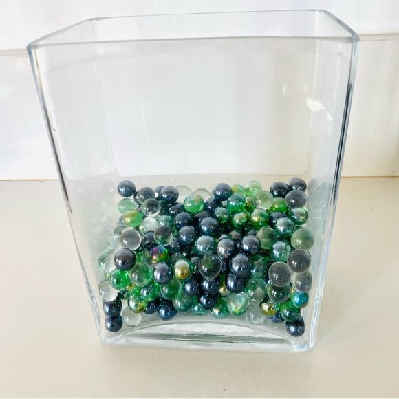 VINTAGE Square Rectangle Aquarium Glass Vase Green Round Pebble Marbles Decor - Picture 1 of 6